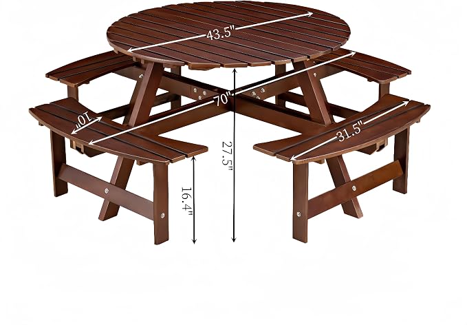 8-Person Outdoor Picnic Round Table with Built-in Benches | All-Weather Wooden Patio Furniture for Gardens, Backyards and Porches | Includes 2" Umbrella Hole (Brown, 70.08"*70.08"*27.17")