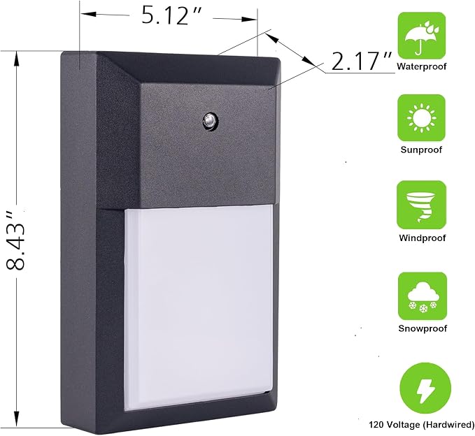 Outdoor Porch Light, LED Wall Sconce, Rustproof Aluminum | Dusk to Dawn Modern Exterior Wall Light Fixture for House, Patio, Garage, 12W 1000 Lumen, Waterproof, 5000K, Black, 1 Pack
