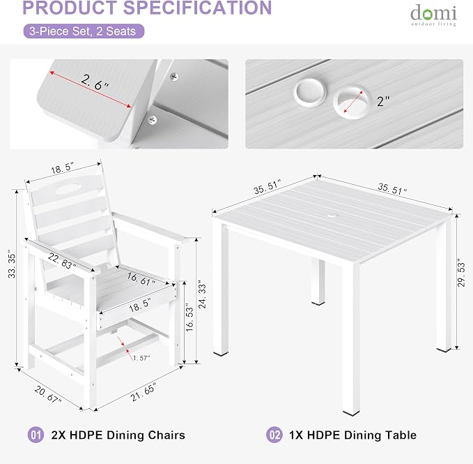 Domi HDPE Outdoor Dining Set, All-Weather Outdoor Dining Table Set of 3 with 2" Umbrella Hole, Outdoor Patio Dining Set for Garden, Poolside, Backyard, Deck, White