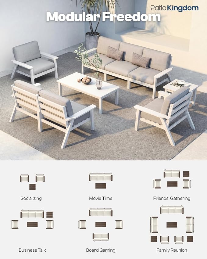 7 Piece Patio Furniture Set, HDPE Outdoor Sectional with Gray Washable Thick Cushions, Coffee Table & Side Table, Patio Conversation Sets for Lawn, Garden, Porch, Balcony (White Frame)