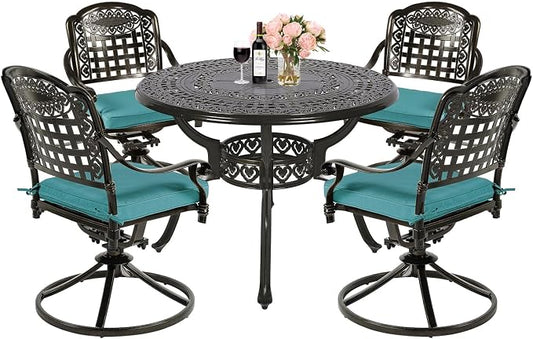MEETWARM 5-Piece Outdoor Patio Dining Set, All-Weather Cast Aluminum Patio Conversation Set with 4 Cushions Swivel Rocker Chairs for Backyard Deck Garden and 38.5" Round Table, Ocean Blue