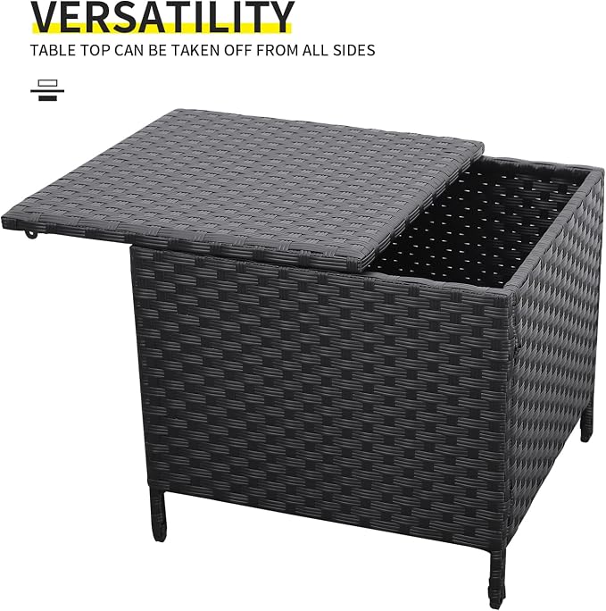 Lviden Outdoor Wicker Storage Side Table, Patio Black PE Rattan End Table with Storage, Square Container for Furniture Covers, Toys, and Gardening Tools