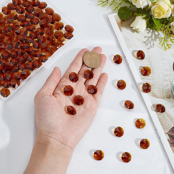 120Pcs 14mm Glass Octagon Crystal Beads 2 Hole Crystal Prism Beads Chocolate Chandelier Replacement Parts Links Suncatcher Faceted Spacer for DIY Lamp Hanging Pendant Jewelry Making Crafts