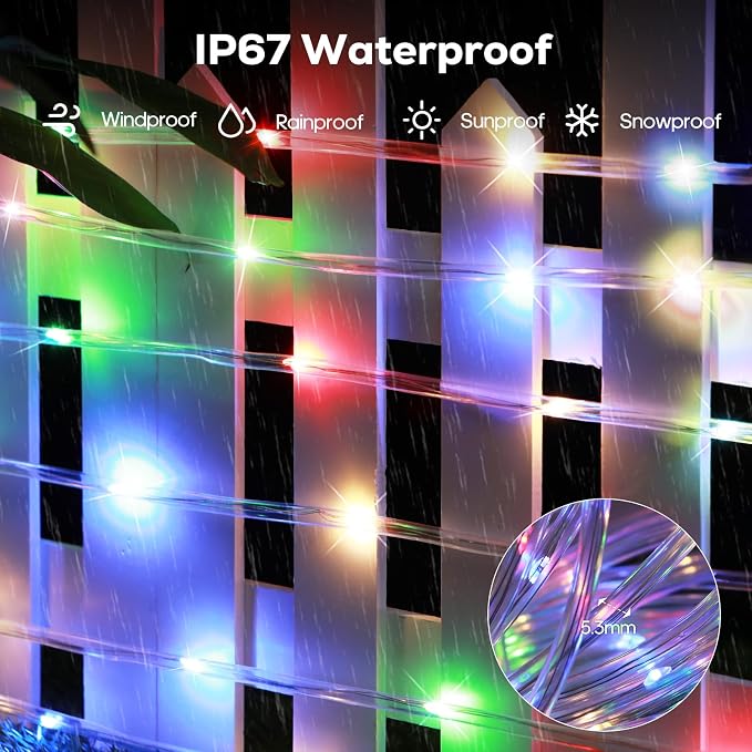 ICRGB Solar Rope Lights Outdoor, 66Ft 200LED 1800mAh Christmas String Lights with Remote, Type C, 19 Modes & Timer, IP67 Waterproof, Solar Light for Tree Patio Porch, Warm White to Multicolor | Type C & Solar, 19 Modes, Waterproof, With Remote, Timer, ...