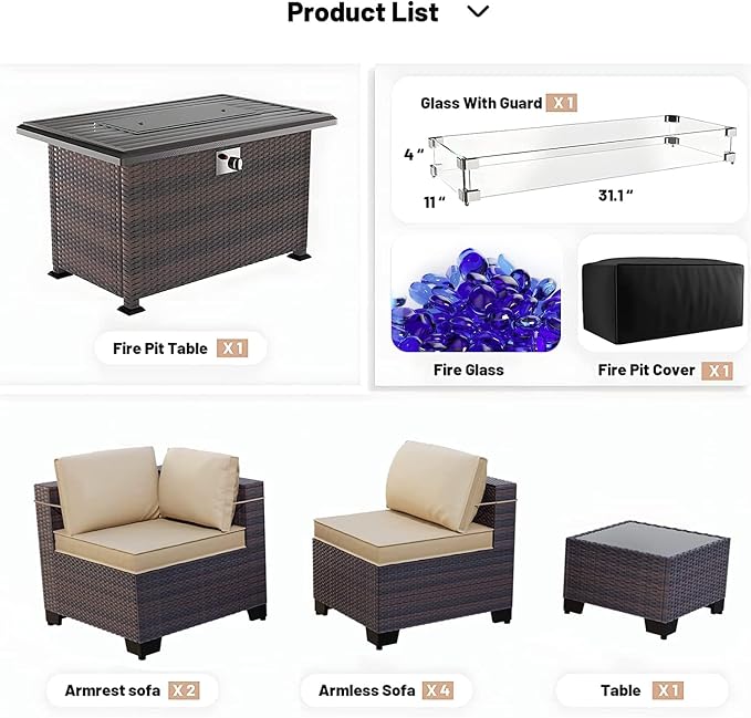 Kullavik 8 Pieces Outdoor Patio Furniture Set,Sectional Sofa Set with 43" 55000 BTU Gas Propane Fire Pit Table,Brown PE Rattan Wicker Patio Conversation Set,Sand