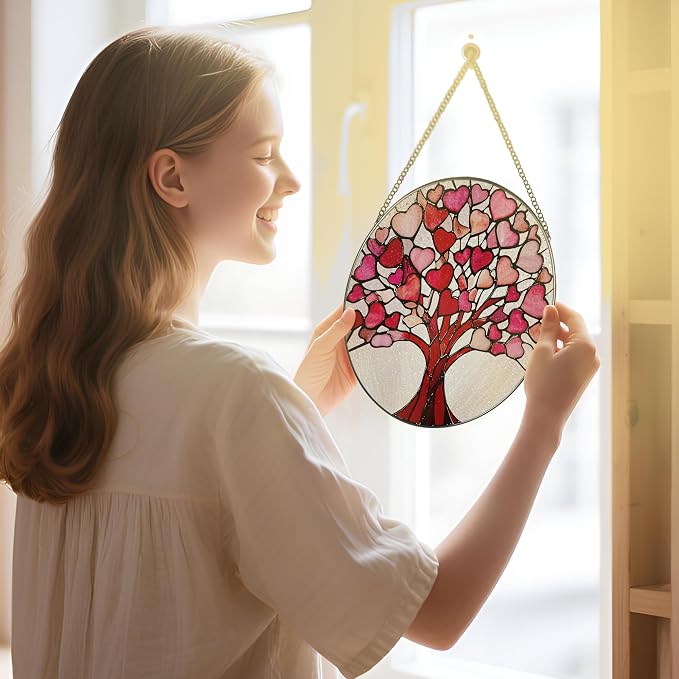 Stained Glass Window Hanging - 8 Inch Love Heart Tree Suncatcher, Sun Catchers Indoor Window | Valentine’s Day, Mother's Day, Christmas, Anniversary, Birthday Gifts for Lover, Wife, Girlfriend, Mom