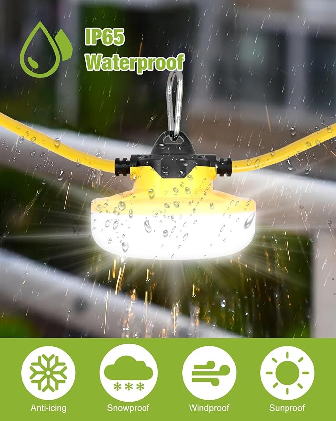 100FT Construction String Lights 3Prong Temp Lighting,130W 16000LM Industrial String Work Lights, IP65 Waterproof 18AWG Wire 5000K Super Bright for Jobsites Temporary Outdoor & Crawl Space Lighting