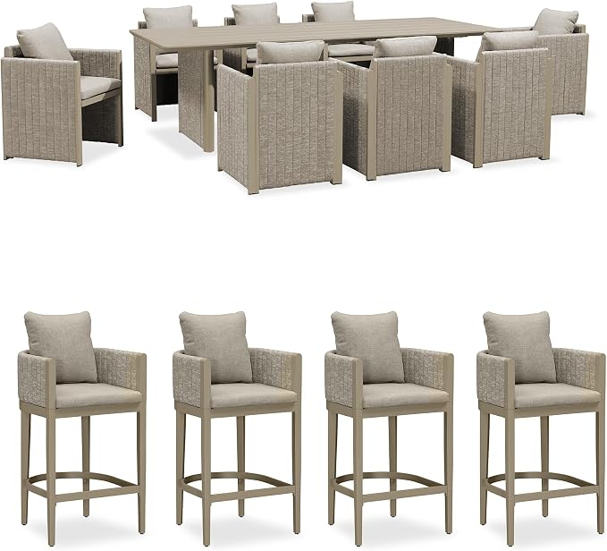 PURPLE LEAF 9-Piece Outdoor Patio Dining Set Modern Large Weather-Resistant Table and Aluminum Chairs All Season Bar Stool Set Olefin Fabric Cushions for Family Dinners and Indoor Kitchen Decor Beige
