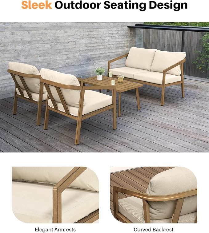4 Pieces Outdoor Sofa Set, Never-Rust Aluminum Patio Conversation Set with Removable Cushions, Patio Furniture Set with Patio Loveseat, 2 Sofa Armchairs and Coffee Table for Pool, Deck, Teak