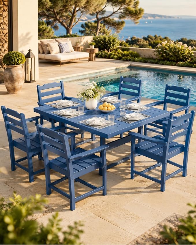 WACASA 7-Piece HDPE Outdoor Dining Set for 6, All-Weather Outside Dining Table and 6 Chairs with Umbrella Hole, Steel-Reinforced Patio Furniture, Blue