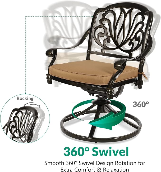 VIVIJASON 7 Pieces Cast Aluminum Outdoor Furniture Dining Set, Include 4 Stationary Chairs, 2 Swivel Dining Chairs and a Rectangle Table with 2" Umbrella Hole, Patio Conversation Set for Lawn Garden