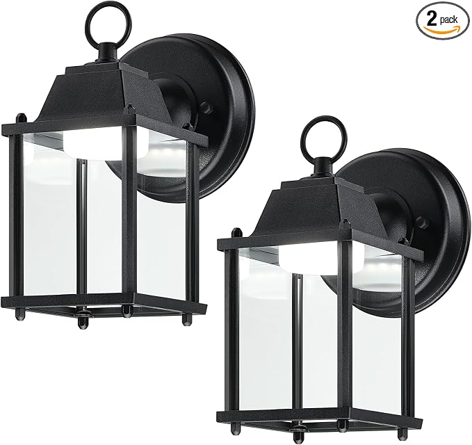 Outdoor Wall Light Fixture, Rustproof Aluminum, Clear Glass, LED | Exterior Porch Light Wall Sconce Lantern for House, Patio, Garage, Waterproof Anti-rust, 9.5W 800 Lumen, 5000K, Black, 2 Pack
