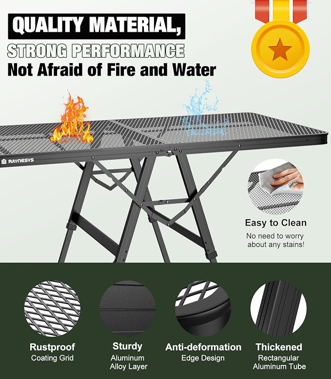 Raynesys Foldable Grill Table with Mesh Desktop, 200lbs 4Ft Portable Folding Table, Height Adjustable Metal Table for Ourdoor, Camping, Picnic, BBQ and Beach, RV, 47.24" L x 23.62" W
