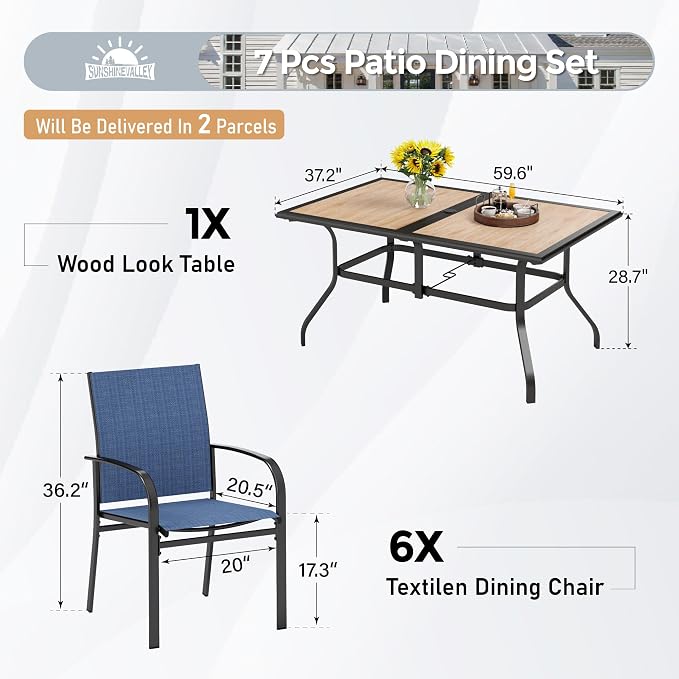 SUNSHINE VALLEY 7 Pcs Patio Dining Set for 6, Rectangular Metal Dining Table (PVC Table Top) with Umbrella Hole and 6 Chairs, Outdoor Dining Set for Lawn Garden Deck, Blue