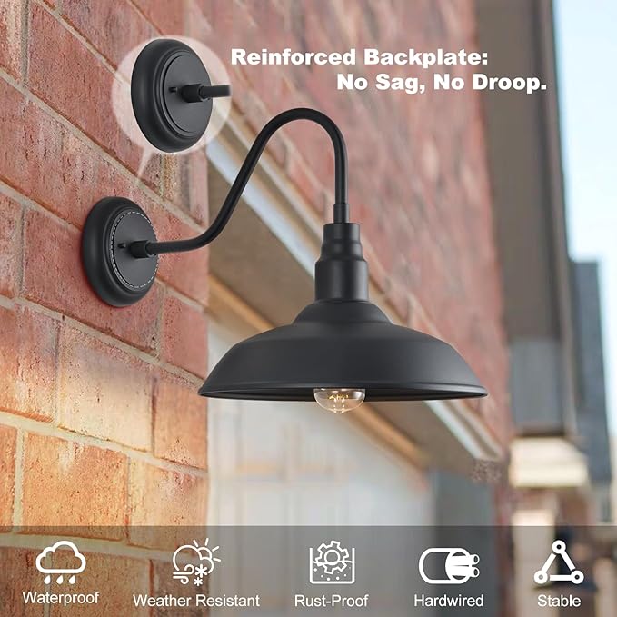 14 Inch Gooseneck Barn Lighting Outdoor Large Exterior Gooseneck Light Fixtures, Matte Black Farmhouse Barn Lights 2 Pack Outside Goose Neck Deck Wall Sconce for House, Garage