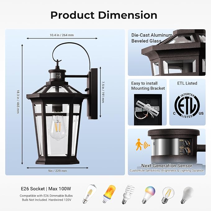 VIANIS Large Motion Sensor Porch Light, Dusk to Dawn Outdoor House Lights Wall Mount Sconce, Oil Rubbed Bronze Exterior Lighting Fixtures, 100% Anti-Rust Aluminum Outside Wall Lights for House, Garage