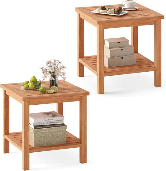 HAPPYGRILL Acacia Wood Outdoor Side Table, 2-Tier Indoor End Table with Spacious Tabletop and Slatted Storage Rack, Square Wood Table for Poolside, Living Room, Porch, Balcony and Garden (2)