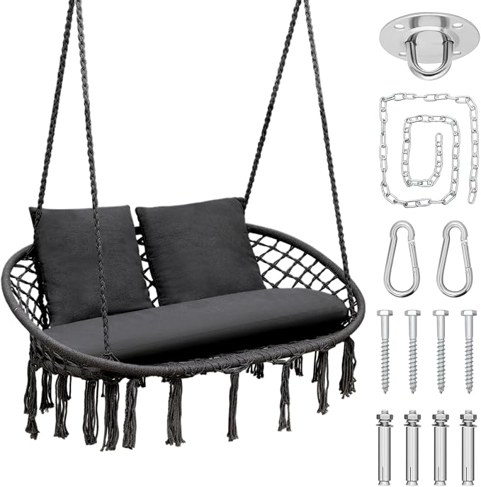 Double Hammock Chair for Indoor & Outdoor Use, Durable Woven Cotton Ropes & Iron Frame, Comfortable Seating for Patio Garden and Porch, 700 lbs Capacity, Black