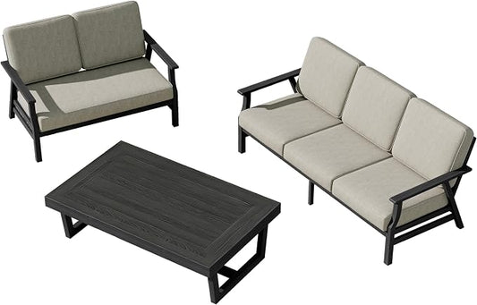3 Pieces Patio Furniture Sets, Black Wood Outdoor Sectional Furniture with Coffee Table, 5 Seats Patio Sofa Couch Conversation Set for Backyard Deck - Light Camel