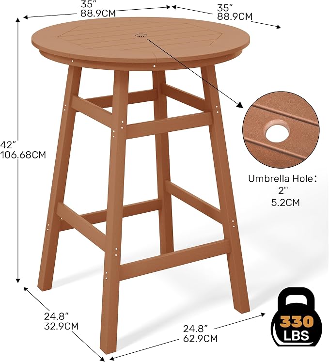 Costaelm Patio Bistro Table, 42" Counter Height Round Patio Cocktail Bar Table with Umbrella Hole, Outdoor Bistro Dining Pub Table for Front Porch Deck Backyard Garden, Teak