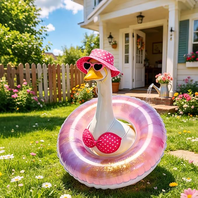 Hawaiian Porch Goose Outfit with Sunglasses & Wreath, Goose Summer Outfit Porch Goose Bikini Clothes Costume Fits 23" Geese Statue, Summer Garden Lawn Patio Yard Outdoor Decor (Summer style-Pink)