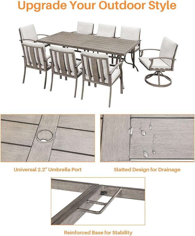 9-Piece Patio Dining Set, Never-Rust Aluminum Outdoor Dining Set for 8, Patio Furniture Sets, 6 Dining Chairs, 2 Swivel Dining Chairs for Decks, Garden, Backyard, Lawn, Limed Oak