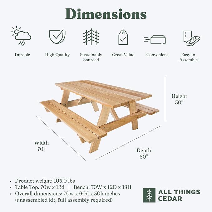 All Things Cedar 6-Ft Outdoor Picnic Table, Handcrafted Wooden Patio Bench Set, Rustic Cedar