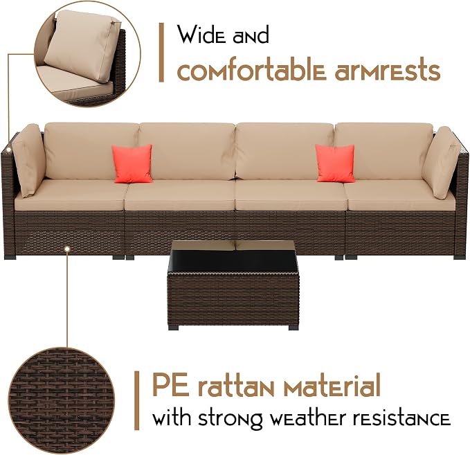LHBcraft 7 Pieces Outdoor Furniture Set, Wicker Furniture Patio Conversation Sets with Tea Table and Thickened Beige Cushions, Outdoor Patio Sectional Sofa for Garden, Poolside, Backyard