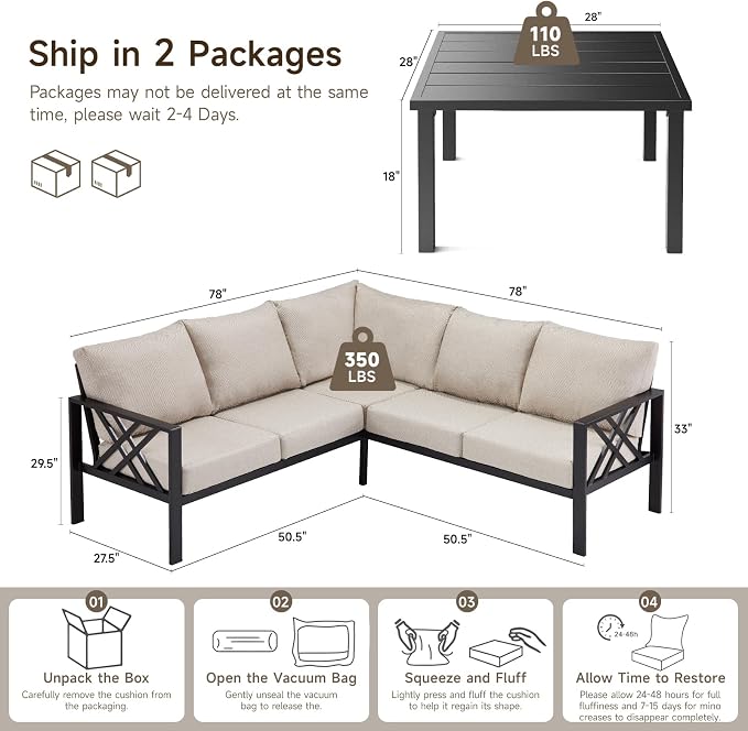 Patio Furniture Set, 6-piece Metal Sectional Furniture Sofa with Coffee Table, L Shaped Outdoor Couch with Olefin Cushion, Highback Frame, Outdoor Patio Conversation Sets for Balcony Backyard, Beige