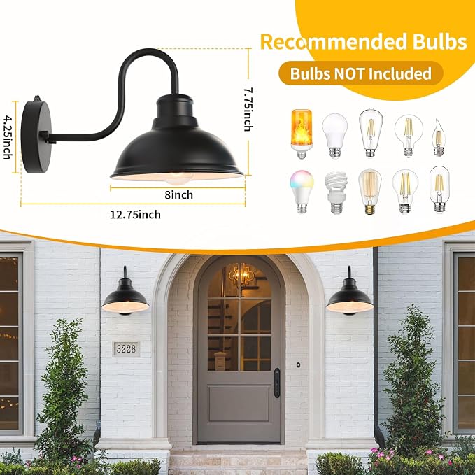 Dusk to Dawn Barn Light Outdoor Sconce 8" Exterior Lighting Fixtures 2 Pack | Anti-Rust Waterproof Farmhouse Industrial Vintage Matte Black Wall-Mount for Porch/Garage/Patio Yard ETL Listed