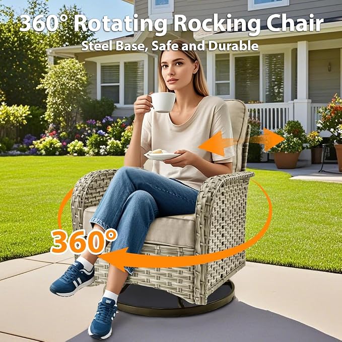 9 Pieces Patio Sectional Furniture Set, Outdoor Wicker Sectional Couch with Firepit Swivel Rocker Chairs Solar Lights Table, Modern Conversation Set for Porch Balcony Backyard, Beige