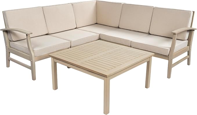 Christopher Knight Home Hugo Acacia Wood Outdoor Patio Furniture Set for 5, V-Shape Patio Sectional Sofa Set with Cushions and Slat Coffee Table, Modern Patio Conversation Set, Light White+Sand