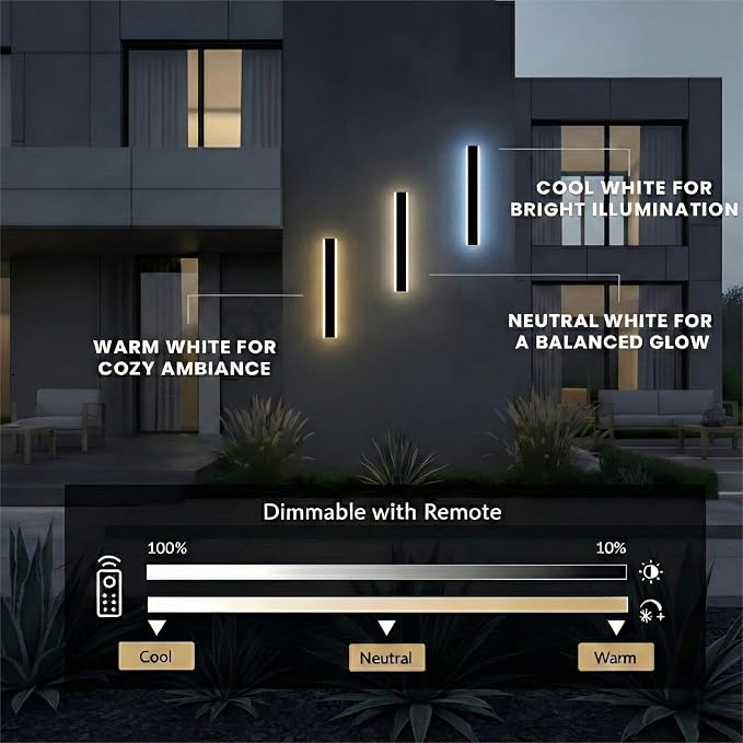 Modern Linear Outdoor Wall Lights, 12" LED Exterior Wall Sconce for Porch & Garage, IP65 Waterproof Architectural Facade Lighting, 3CCT Dimmable Matte Black Fixture for Front Door Entryway