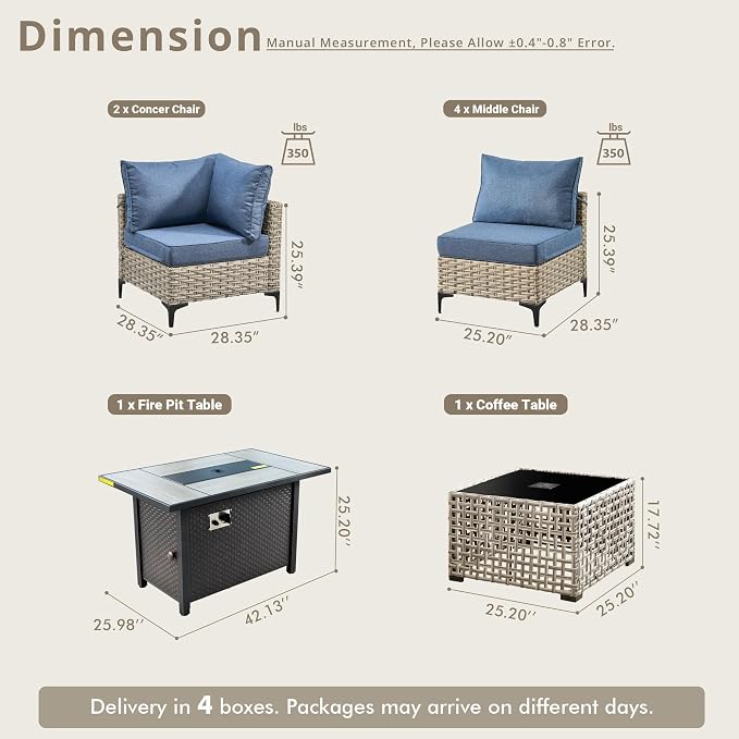 8 Pieces Patio Sectional Furniture Set, Outdoor Wicker Sectional Couch with Firepit Solar Lights Table, Modern Conversation Set for Porch Balcony Backyard, Denim Blue