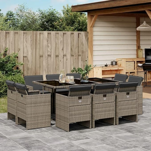 11-Piece Patio Dining Set with Cushions Gray PE Rattan Outdoor Furniture Set for Backyard Garden Balcony, Tempered Glass Table & Foldable Chairs
