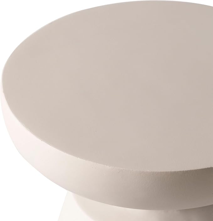 LeisureMod Minimalist Modern Side Table Round Fiberstone Tabletop Pedestal Base, Accent Table for Home Patio Living Room Weather-Resistant, Isle Cream