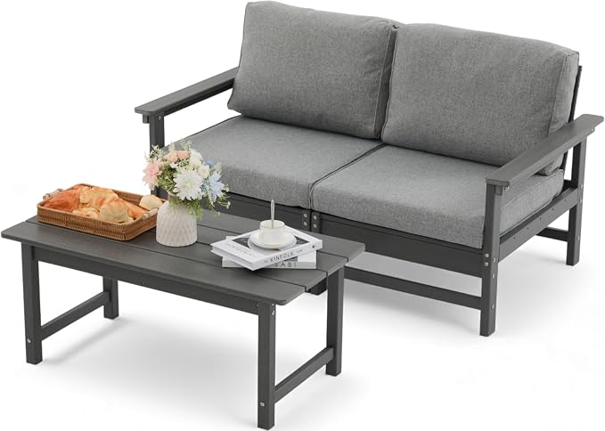 HDPE Outdoor Patio Furniture Set, 3-Piece Sofa Set with Loveseat Couch & Coffee Table, Weatherproof Conversation Set with Cushions, All-Weather Waterproof, for Garden, Porch & Backyard