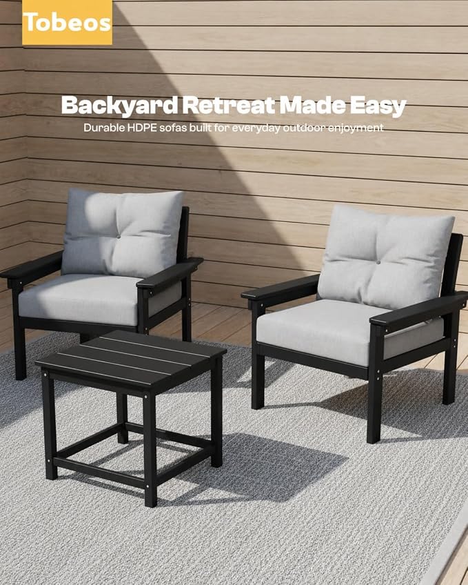 HDPE 10 Piece Outdoor Patio Furniture Set, All-Weather Outdoor Couch Set with Thick Cushions & Coffee Table, Patio Conversation Sets for Lawn, Garden, Porch, Balcony, Deck, Poolside, Black Grey