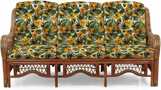 Malibu Lounge Set of 4: 2 Natural Rattan Wicker Chairs, Three-Seater Sofa with Cushions and Coffee Table with Glass Handmade, Colonial Color