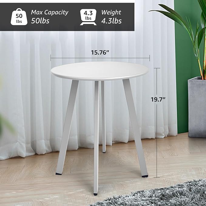 Meluvici Outdoor Side Table - Weather Resistant Patio Table, Round Metal Steel, Waterproof End Table for Garden, Balcony, Yard, White
