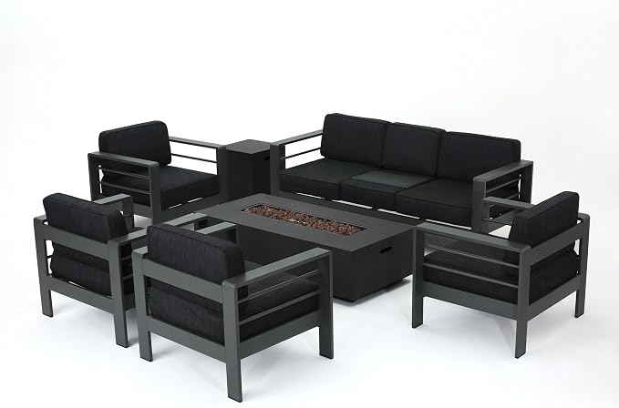 Christopher Knight Home Cape Coral Outdoor Aluminum 7 Piece Conversation Set with Water Resistant Cushions and Dark Grey Rectangular Fire Table