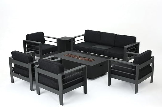 Christopher Knight Home Cape Coral Outdoor Aluminum 7 Piece Conversation Set with Water Resistant Cushions and Dark Grey Rectangular Fire Table