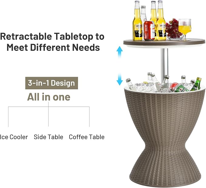 COSTWAY Outdoor Cool Bar Table, 8 Gallon Beer and Wine Cooler, Height Adjustable Rattan Style Cocktail Patio Bar Tables, 3-in-1 Ice Cooler with Drainage Plug for Deck, Pool, Party, Beach (Coffee)