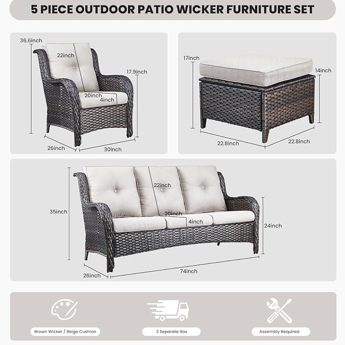 Belord Outdoor Wicker Furniture 5 Pieces Patio Furniture Sofa Set Patio Wicker Chairs with Ottomans Conversation Set for Porch Garden Deck Balcony Poolside