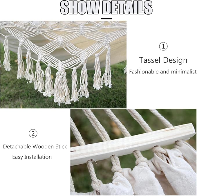 Double Hammock with Tassels, Cotton Canvas Portable Hanging Swing for Indoor Outdoor Use, 150kg Load Capacity, Ideal for Camping and Garden Relaxation