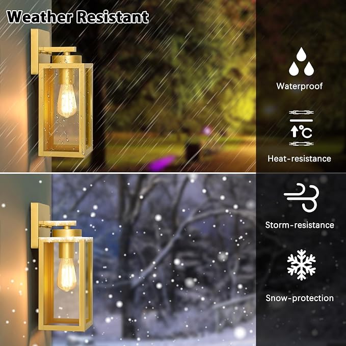 BesLowe Outdoor Wall Light Fixtures, Gold Exterior Wall Lanterns | Waterproof Metal Construction, Rust-resistant, Quick & Easy Installation, Clear Glass Shades & Standard E26 Socket