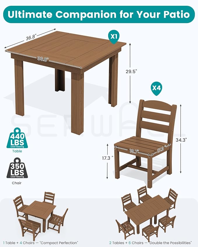 SERWALL HDPE Outdoor Square Dining Set for 4 | with Armless Chair Seat