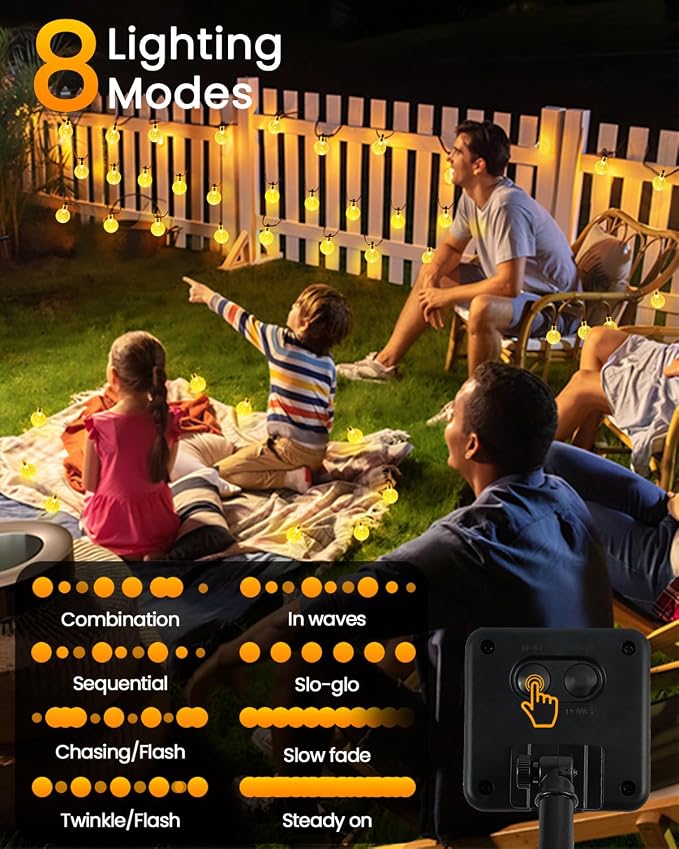 LORRYTE 2 Pack 64FT 100 LED Globe Solar String Lights Outdoor, Warm White | Crystal Globe Patio Lights, IP65 Waterproof, Auto On/Off, 8 Modes Solar Powered Light for Garden Yard Wedding Porch Party