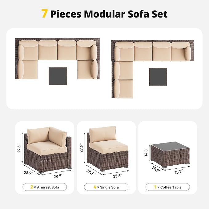 Aoxun Patio Furniture Set, 7 Piece Outdoor Sectional Sofas with Waterprool Cover, Wicker Rattan Outdoor Furniture Patio Conversation Set for Backyard, Garden (Brown Rattan Beige Cushions)