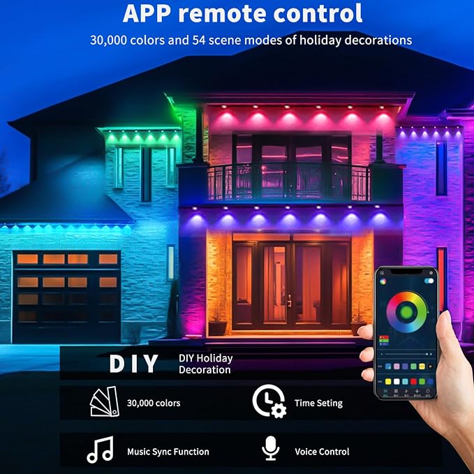 Permanent Outdoor Lights, 100FT RGB+IC Smart Eaves Lighting with 50 LEDs, 16 Million Colors, IP68 Waterproof, for Year-Round and Holiday Use